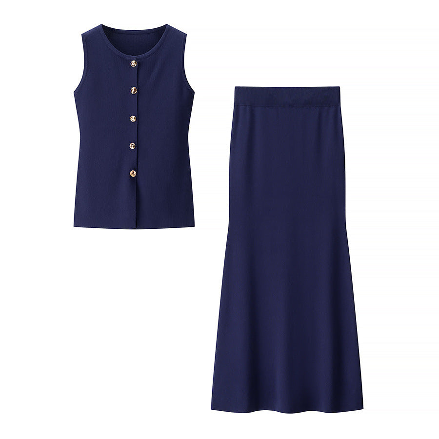 Dame Elegant 2-delt sæt med knapdetaljer og flagrende nederdel Stilla