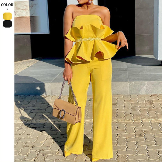 Dame elegant jumpsuit med rynkedesignet overdel og bred ben Stilla