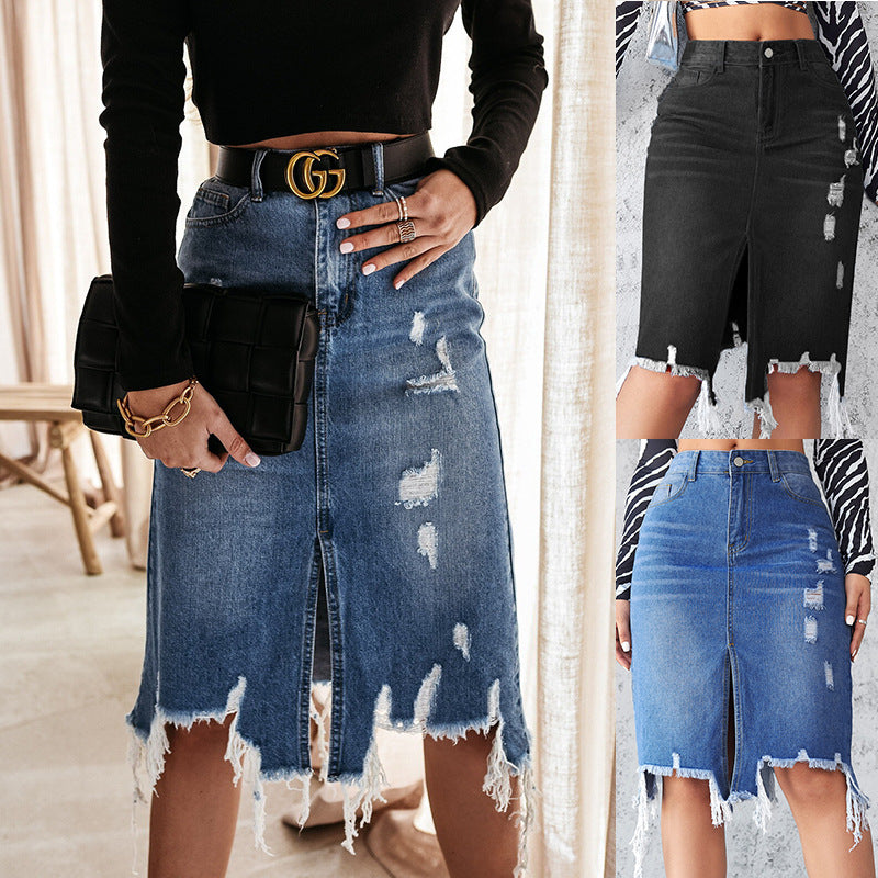 Dame denim-nederdel med frynset kanter og utraditionelt designelement Stilla