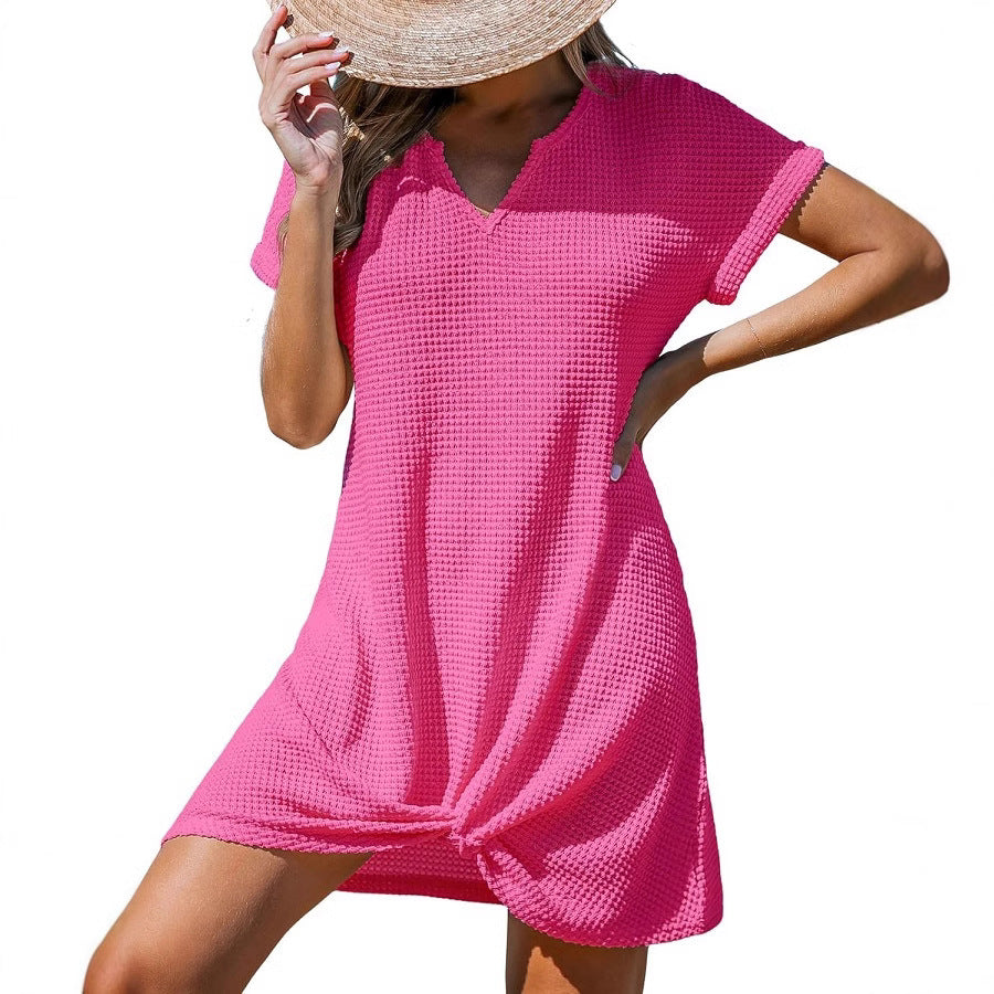 Dame afslappet kort skjortekjole med V-udskæring og ribstruktur Stiila