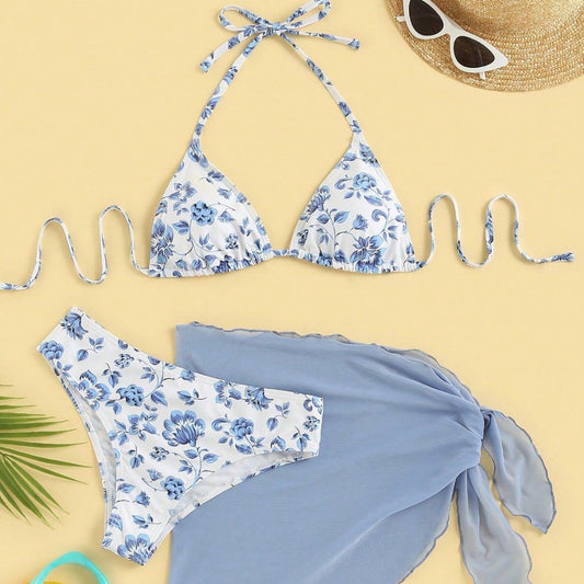 Dame Triangel-Bikini-Sæt med romantisk blomstermønster og elegant Pareo Stilla