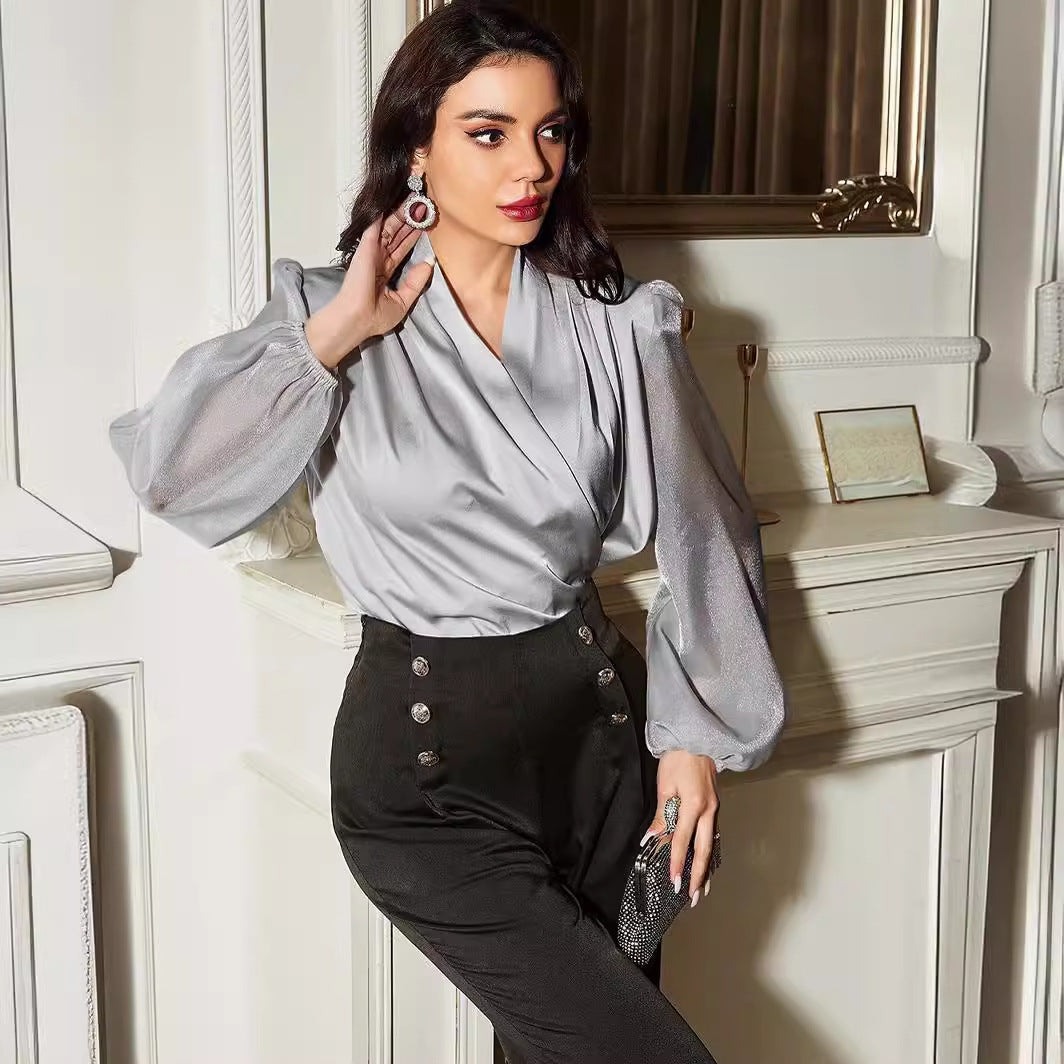 Dame elegant indpakningsbluse med transparente langærmede Stilla