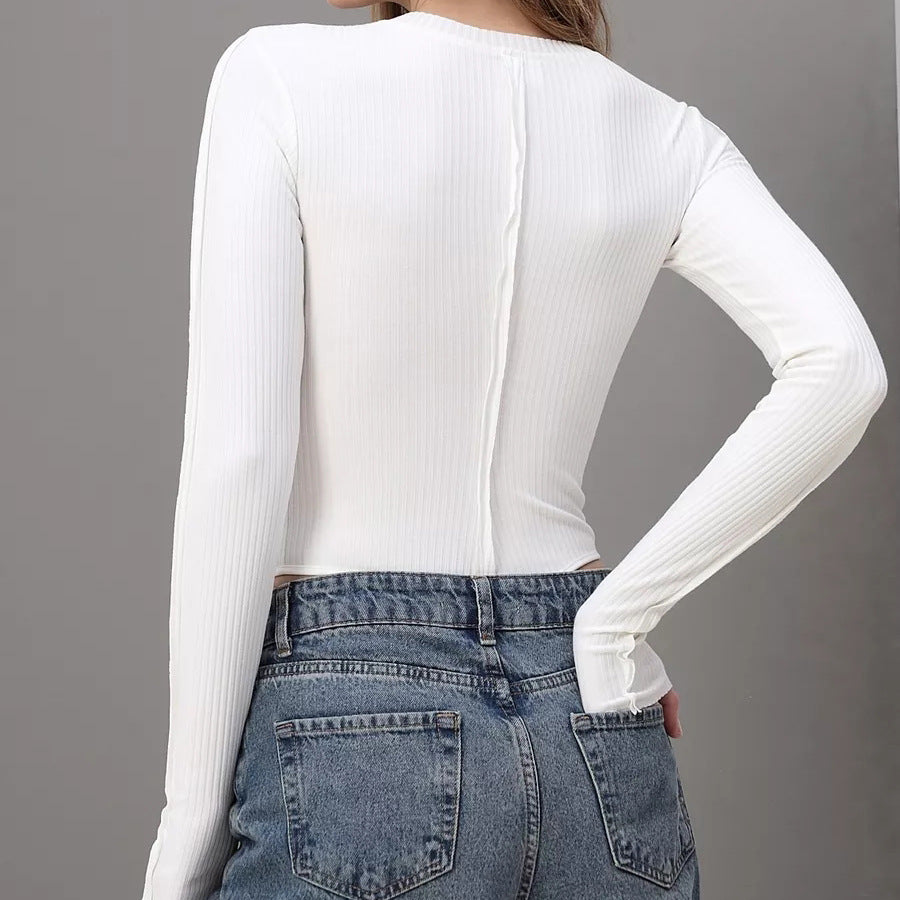 Dame Langærmet Bodysuit med smidig ribstruktur og høj udskæring Stilla