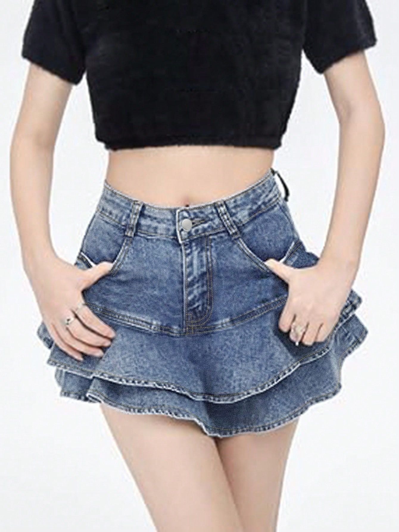 Dame Denim Skirt med svingende lagdesign Stilla