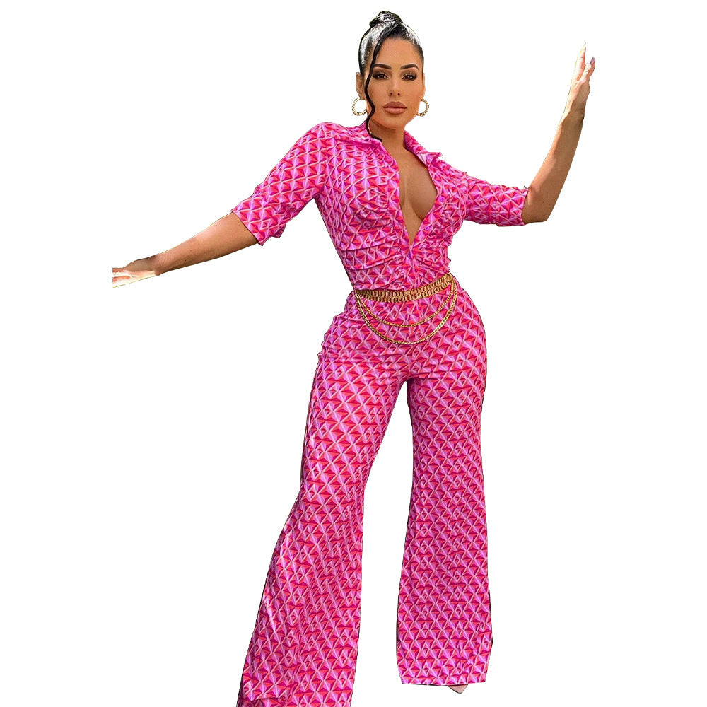 Dame jumpsuit med geometrisk design og smart taljebælte Stilla