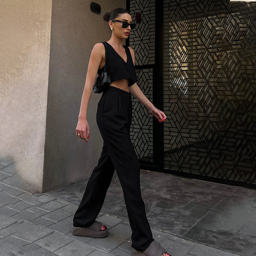 Dame afslappet Crop-Top og høj talje bukser sæt med elegante knapdetaljer Stilla