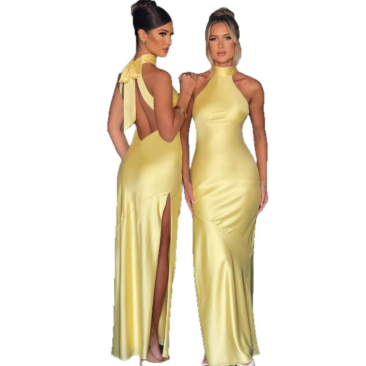 Dame Elegant Halterneck Maxikjole med slank pasform og sidelæg Stilla