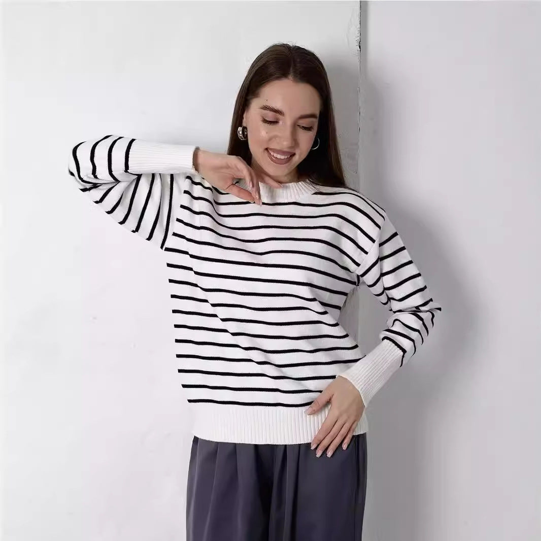 Dame afslappet stribepullover med bred pasform og højhalset rundhalsudskæring Stilla