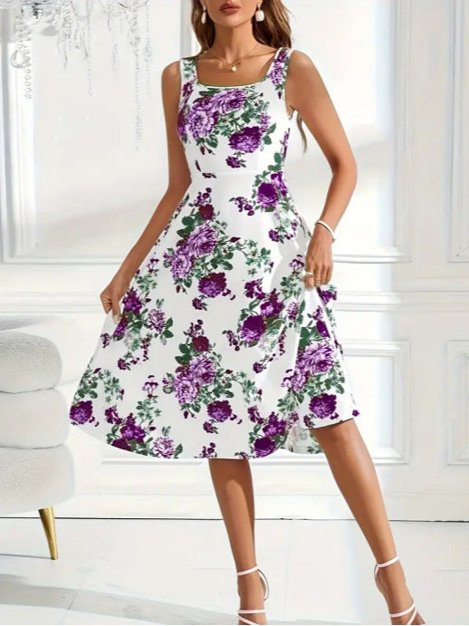 Dame Elegant blomsterkjole med firkantet udskæring og svajende nederdel Stilla