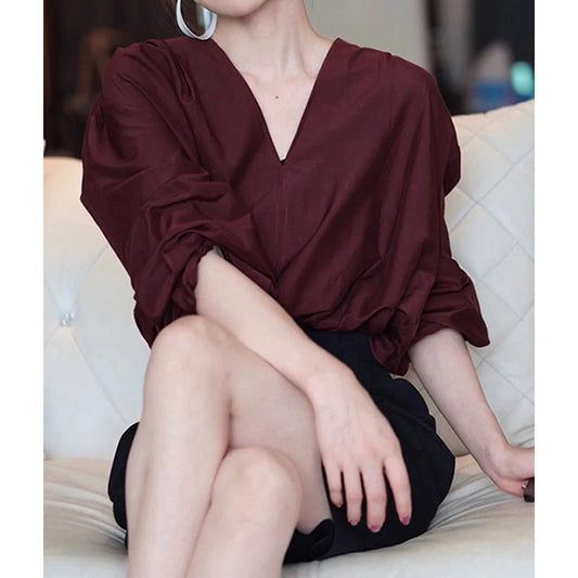 Dame elegant bluse med brede ærmer og V-udskæring Stilla