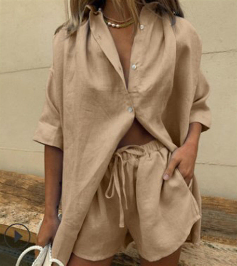 Dame afslappet kortærmet sæt med knapliste og gummizug Stilla