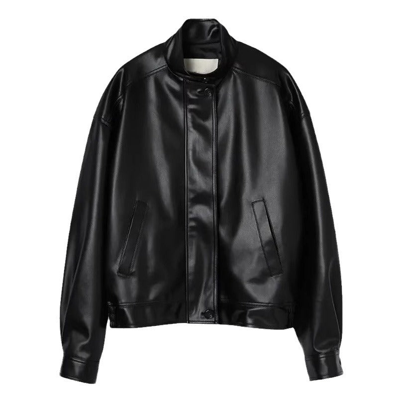 Dame afslappet læderjakke i moderne snit med højt lukket krave og praktiske lommer Stilla