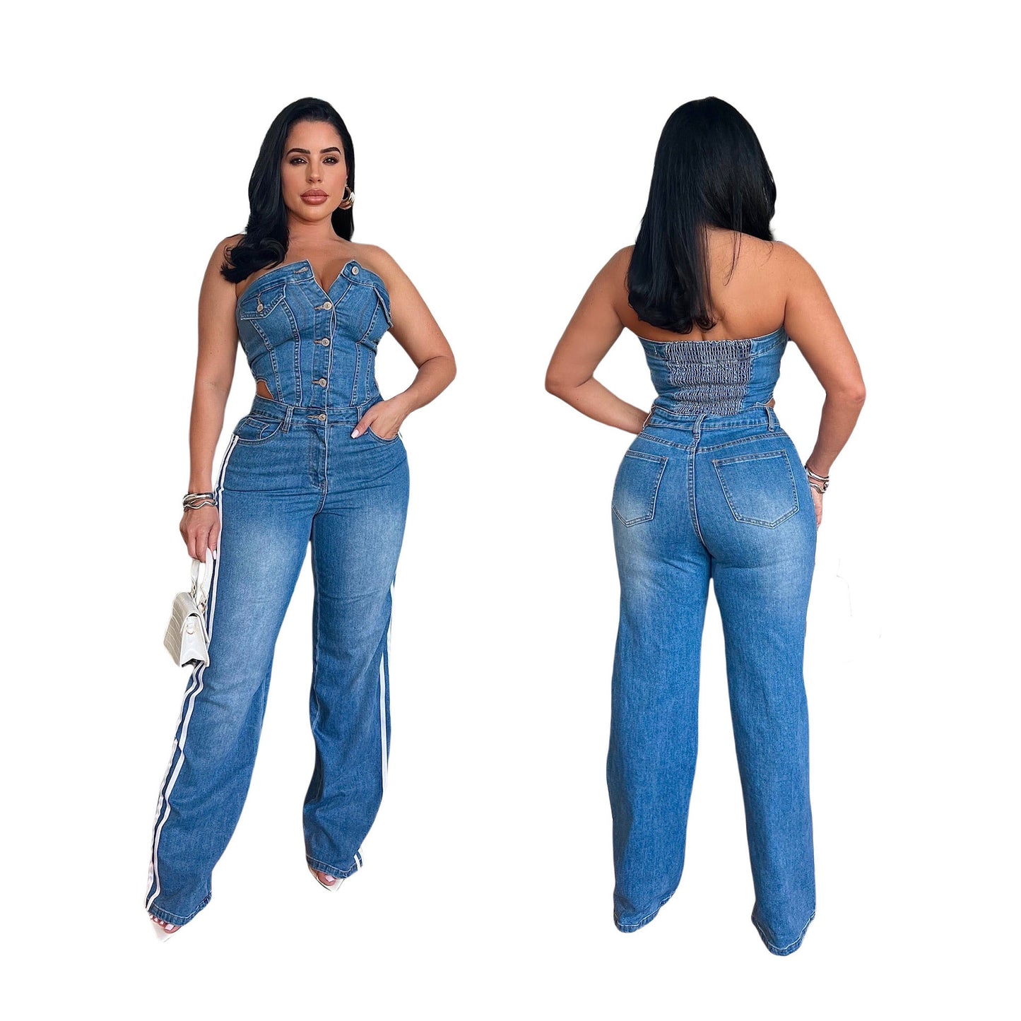 Dame Designer-Jumpsuit i Used-Look med figursyet overdel og bredt ben Stilla