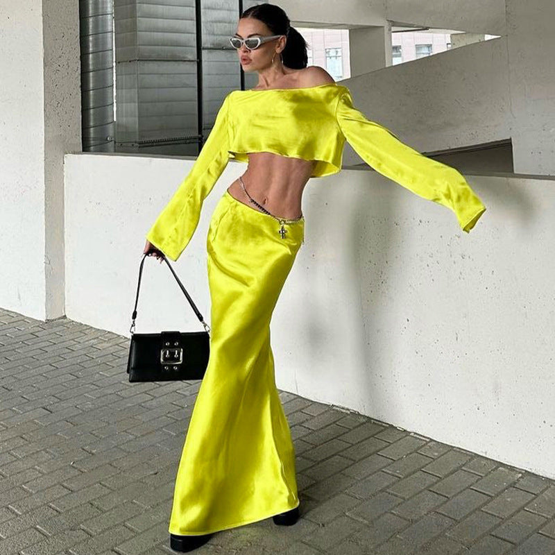 Dame Crop-Top og Nederdel Sæt i elegant Satin-stil Stilla