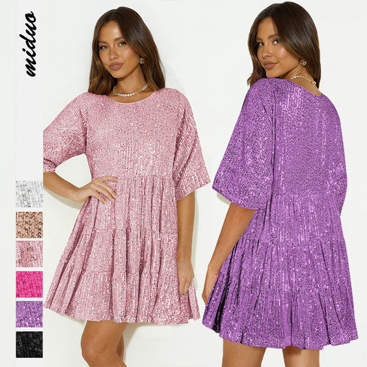 Dame afslappet kortærmet kjole i let bomuldsblanding med elastisk taljebånd Stilla