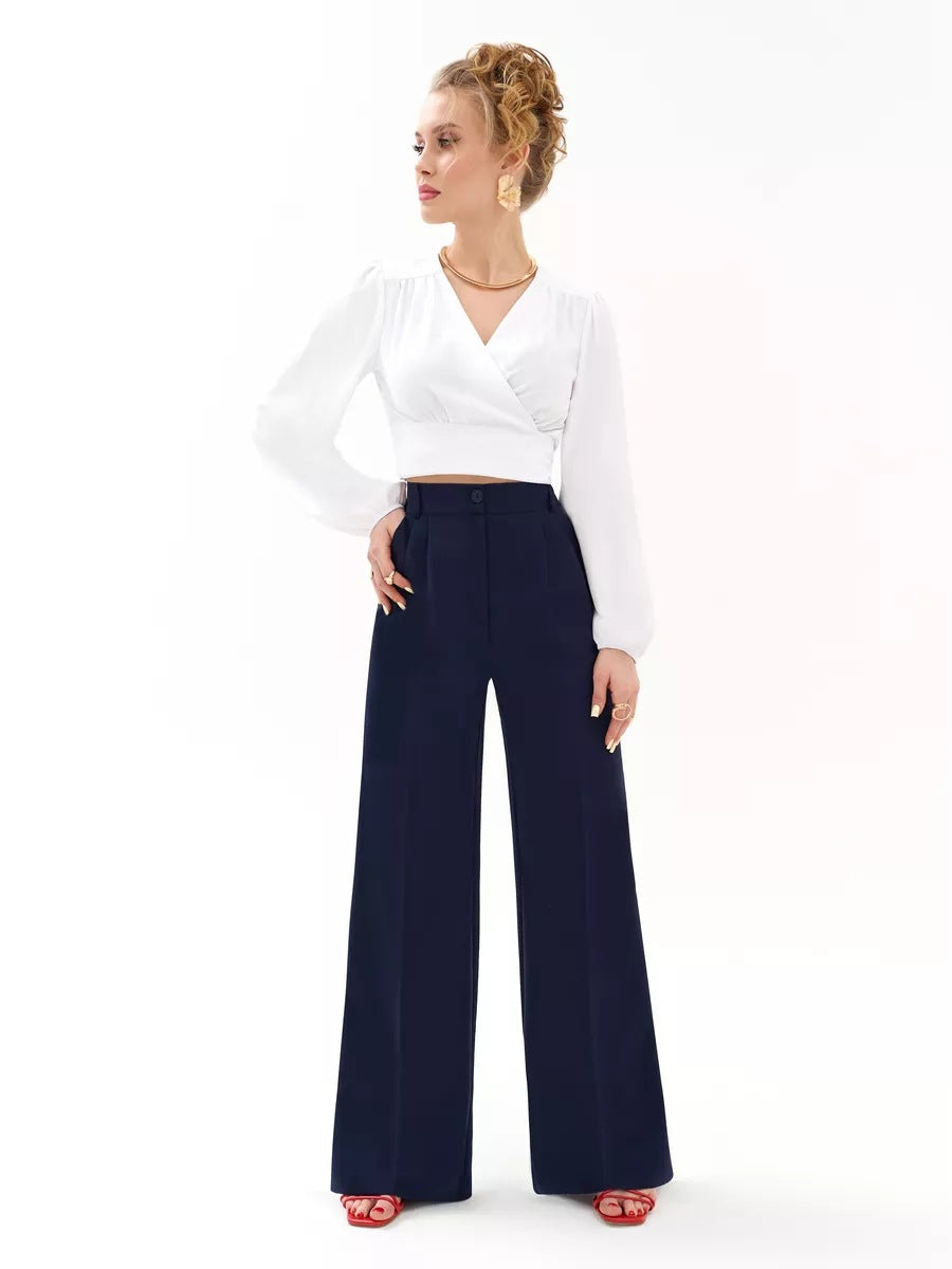 Dame elegant indpakningsoverdel med voluminøse ærmer og højtsiddende palazzo-bukser Stilla