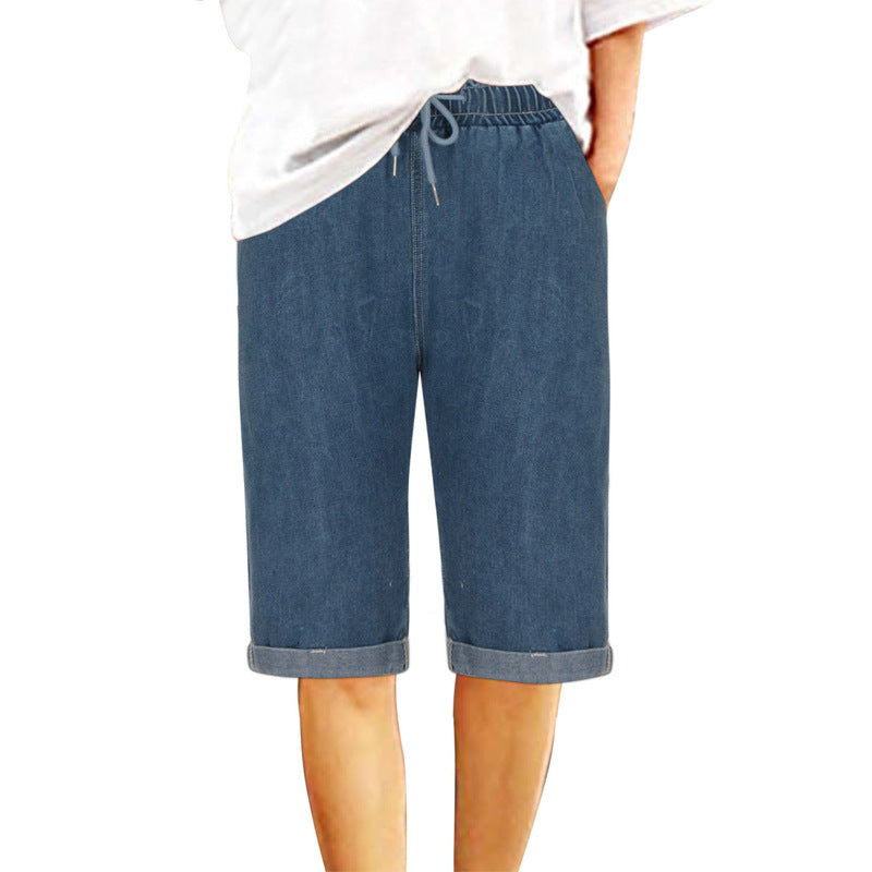 Dame Denim-Bermudaer med justerbar snor og opfoldet kant Stilla