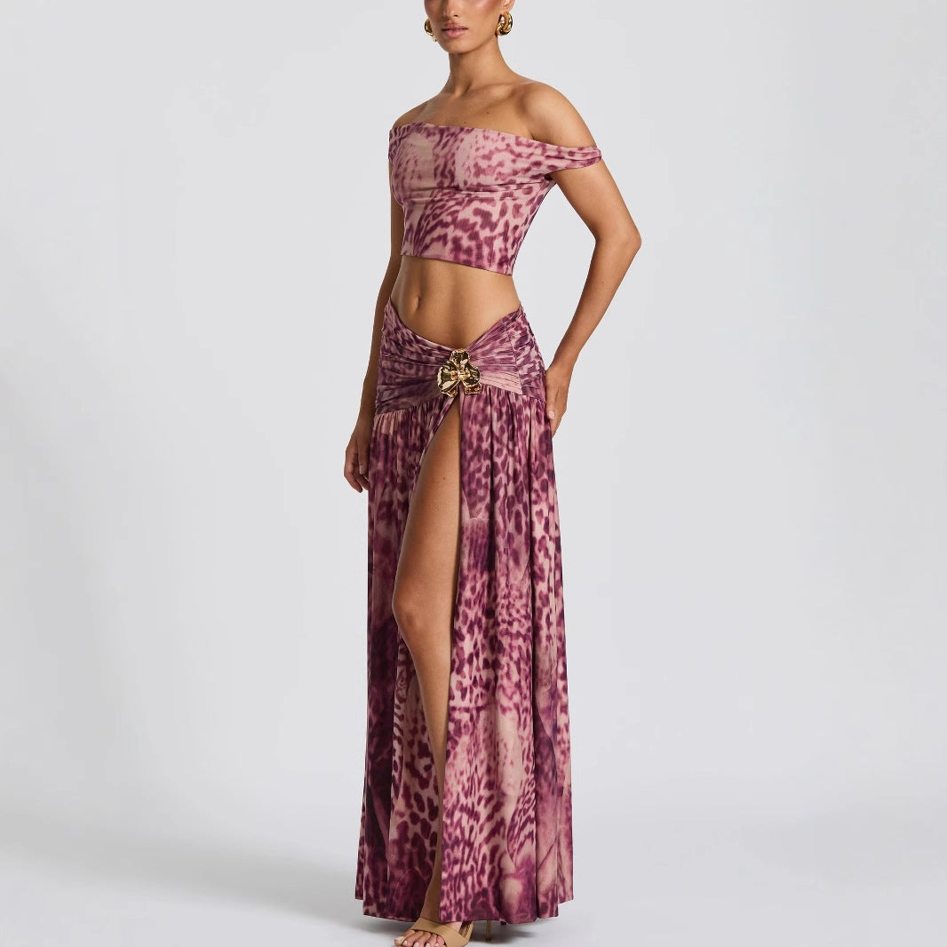 Dame Crop-Top og Maxi-nederdel Sæt med elegant leopardmønster Stilla
