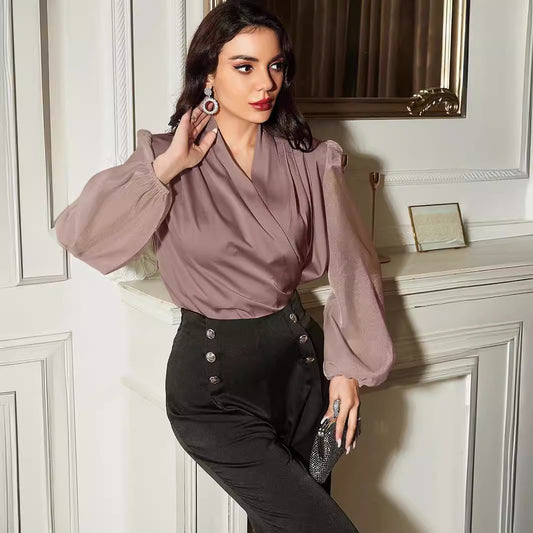 Dame elegant indpakningsbluse med transparente langærmede Stilla