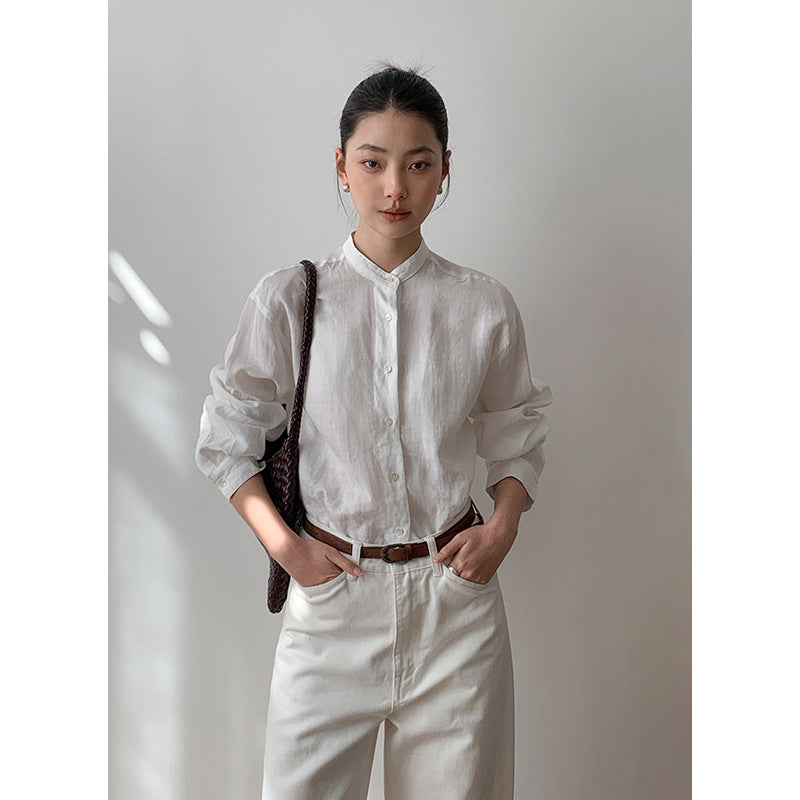 Dame afslappet langærmet skjorte med knapdetaljer og mandarin-krave Stilla