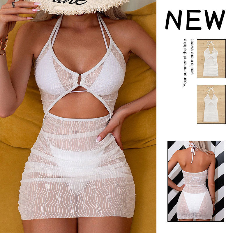 Dame Cut-Out Strandkjole med raffineret indpakningsdesign og gennemsigtigt net Stilla