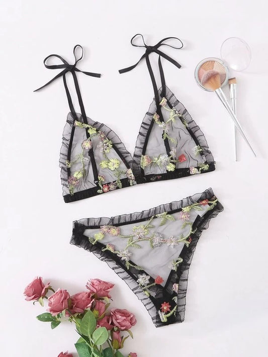 Dame broderet chiffon bralette og bikini sæt Stilla