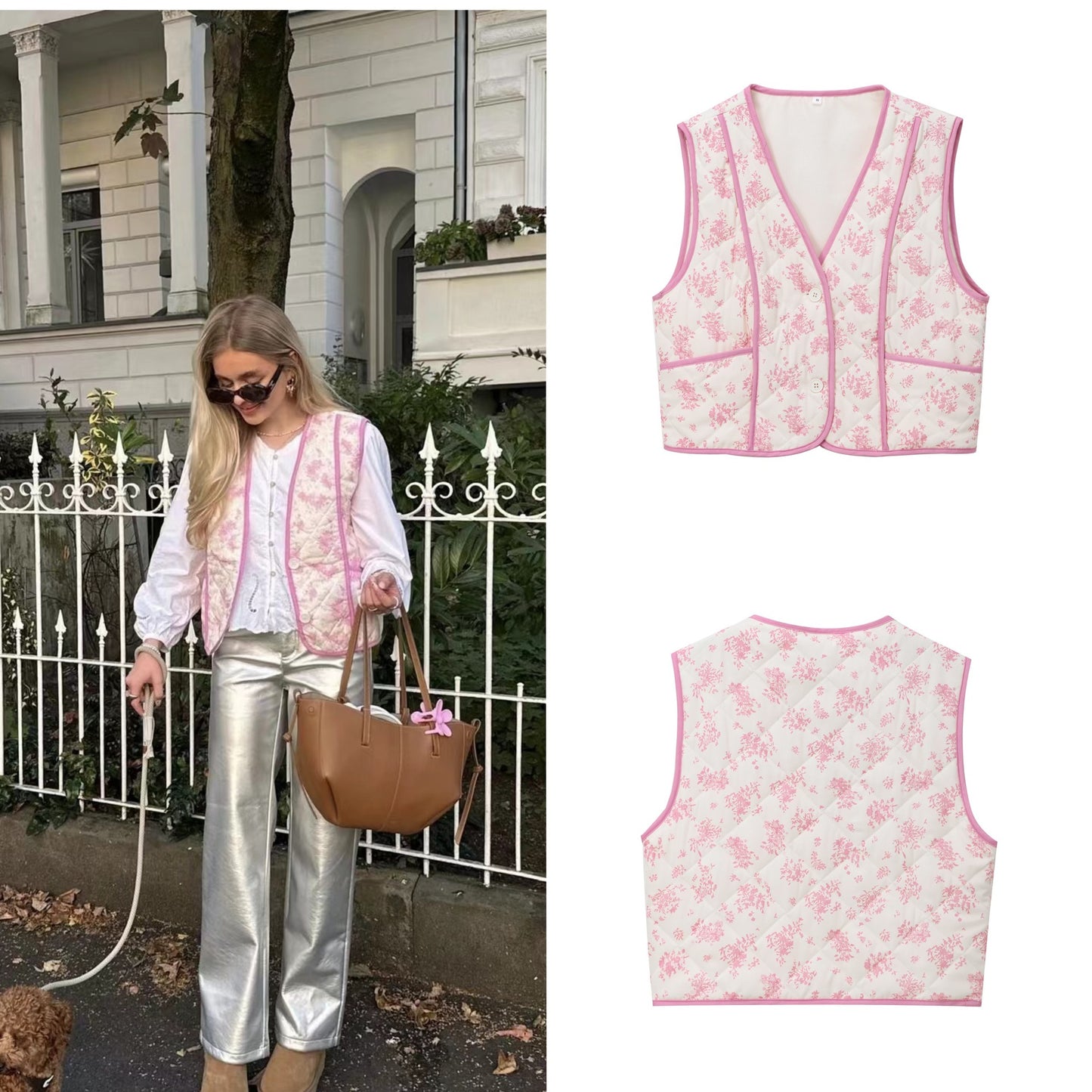 Dame quiltet vest med blomsterdesign og praktiske lommer Stilla