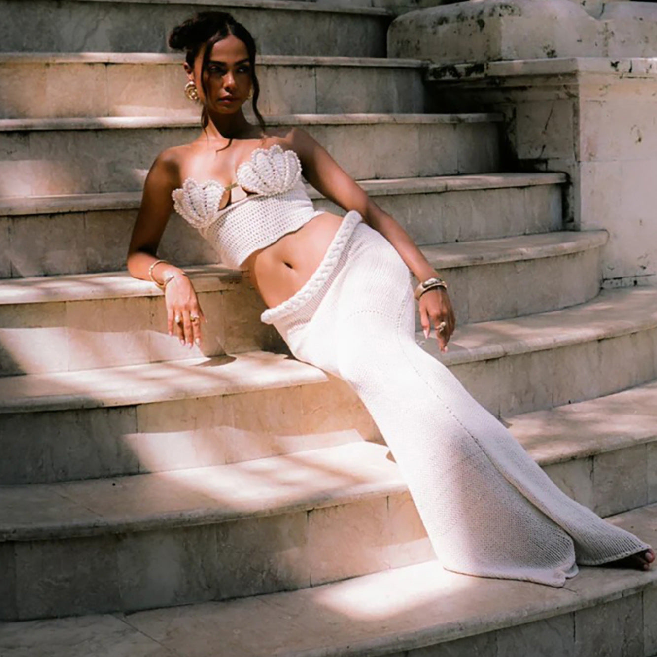 Dame Cropped Hækletop med Perle-detaljer Stilla