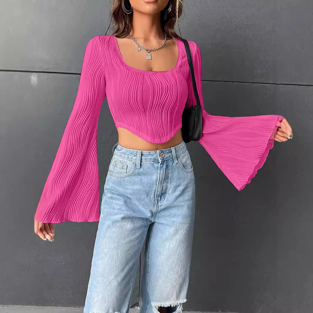 Dame Cropped Top med Volantærmer og Ribbstruktur Stilla