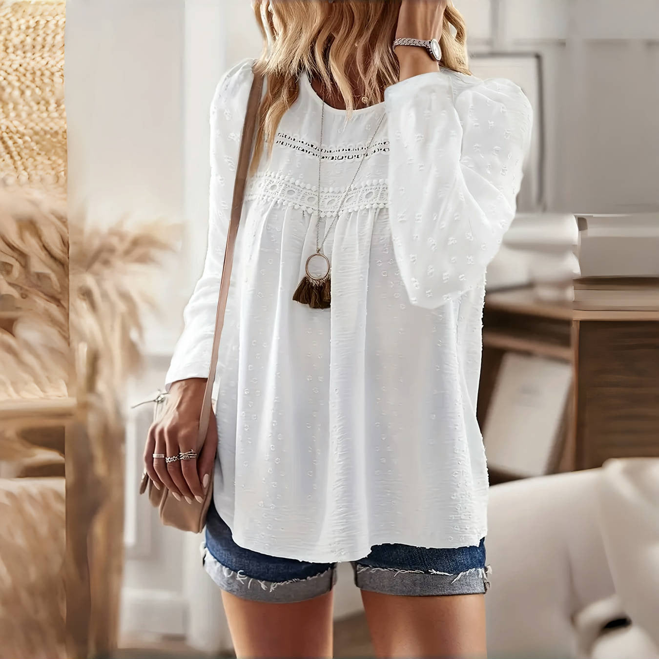 Dame afslappet langærmet bluse med detaljeret struktur Stilla