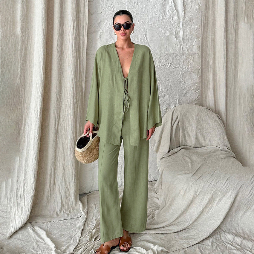 Dame afslappet linned jakkesæt med dekorative bindebånd og bred pasform Stilla