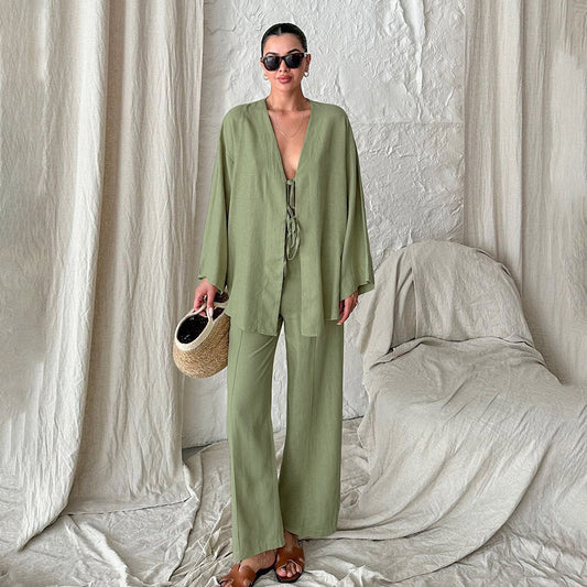 Dame afslappet linned jakkesæt med dekorative bindebånd og bred pasform Stilla