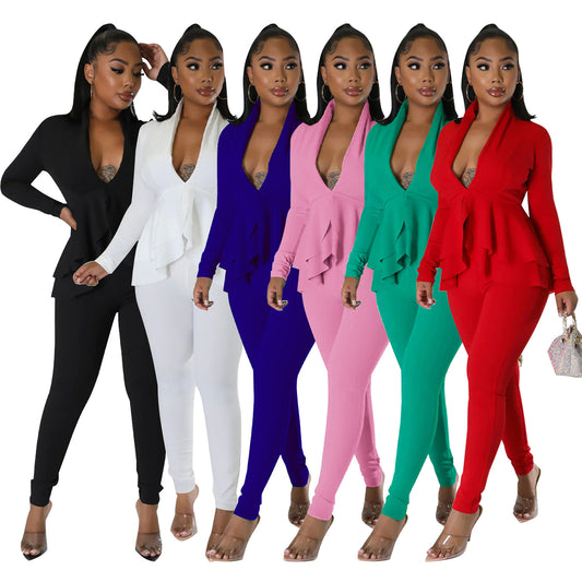Dame elegant Jumpsuit med ruffles og dyb V-udskæring Stilla