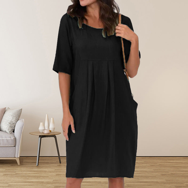 Dame afslappet midikjole med folder og praktiske lommer Stilla