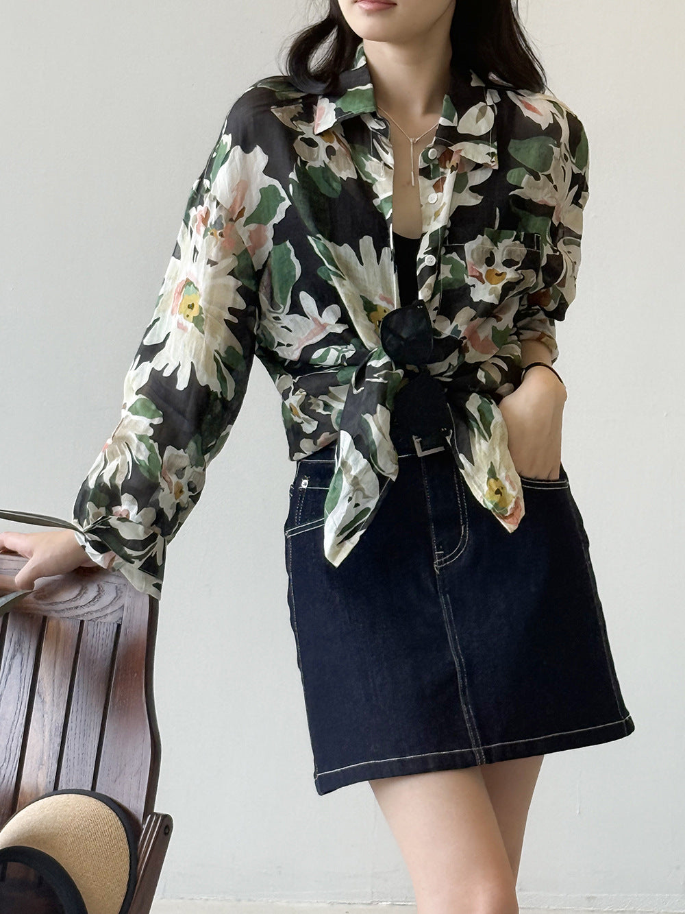 Dame Denim-nederdel med aftageligt bælte og klassisk snit Stilla