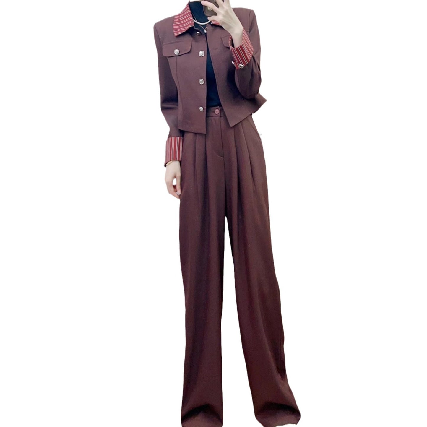 Dame Elegant Blazer-Bukse-Sæt med højtaljede bukser og moderne krave Stilla