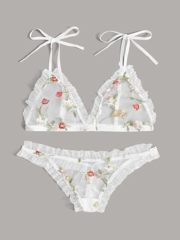 Dame broderet chiffon bralette og bikini sæt Stilla