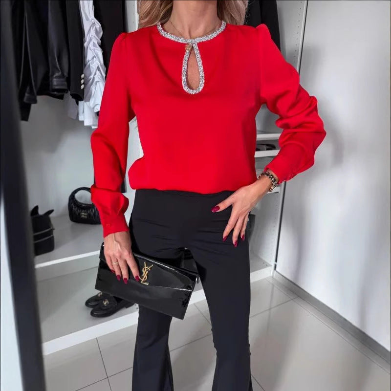Dame elegant Bluse med glimmerdetaljer og slids Stilla