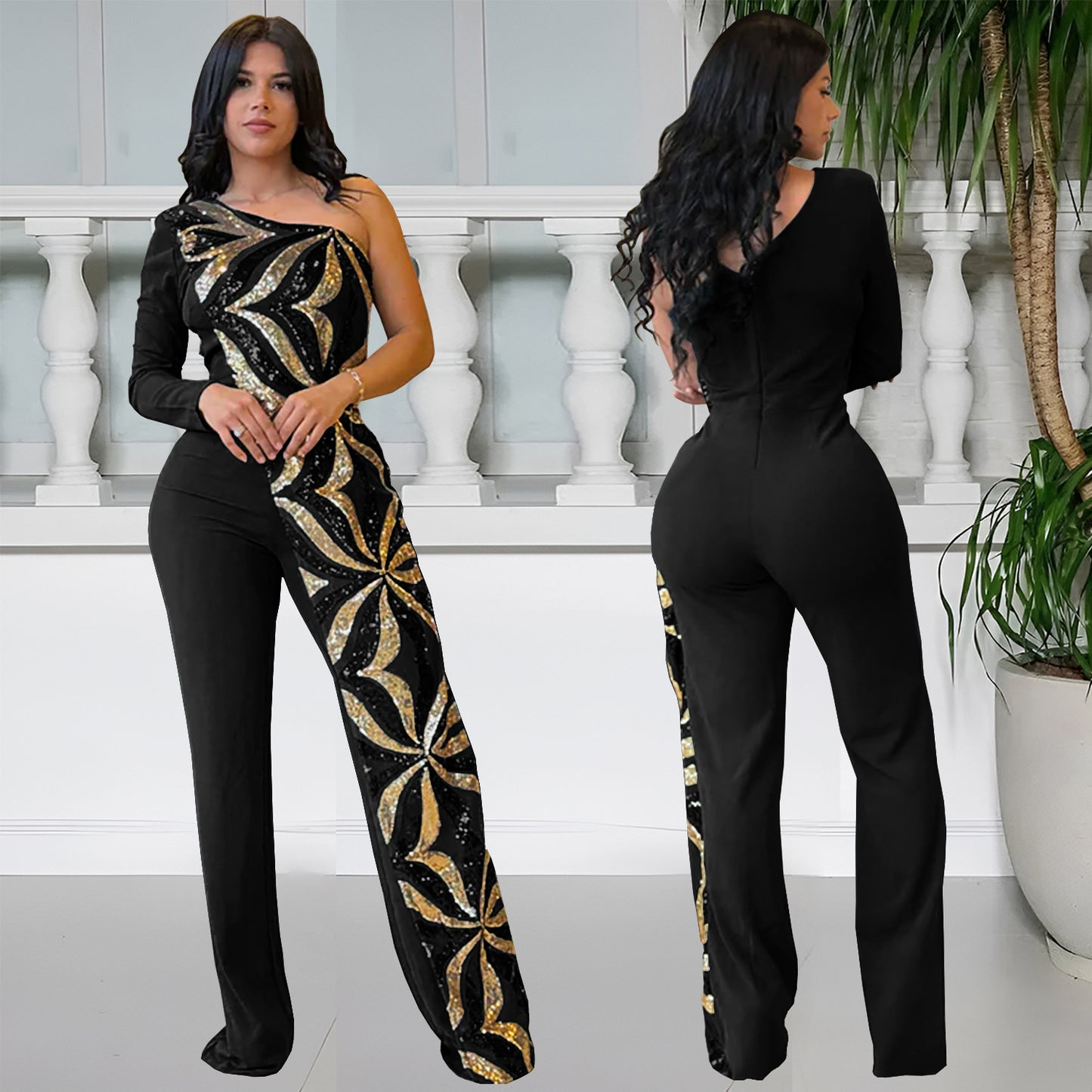 Dame Elegant Jumpsuit med asymmetrisk snit og glitrende applikationer Stilla