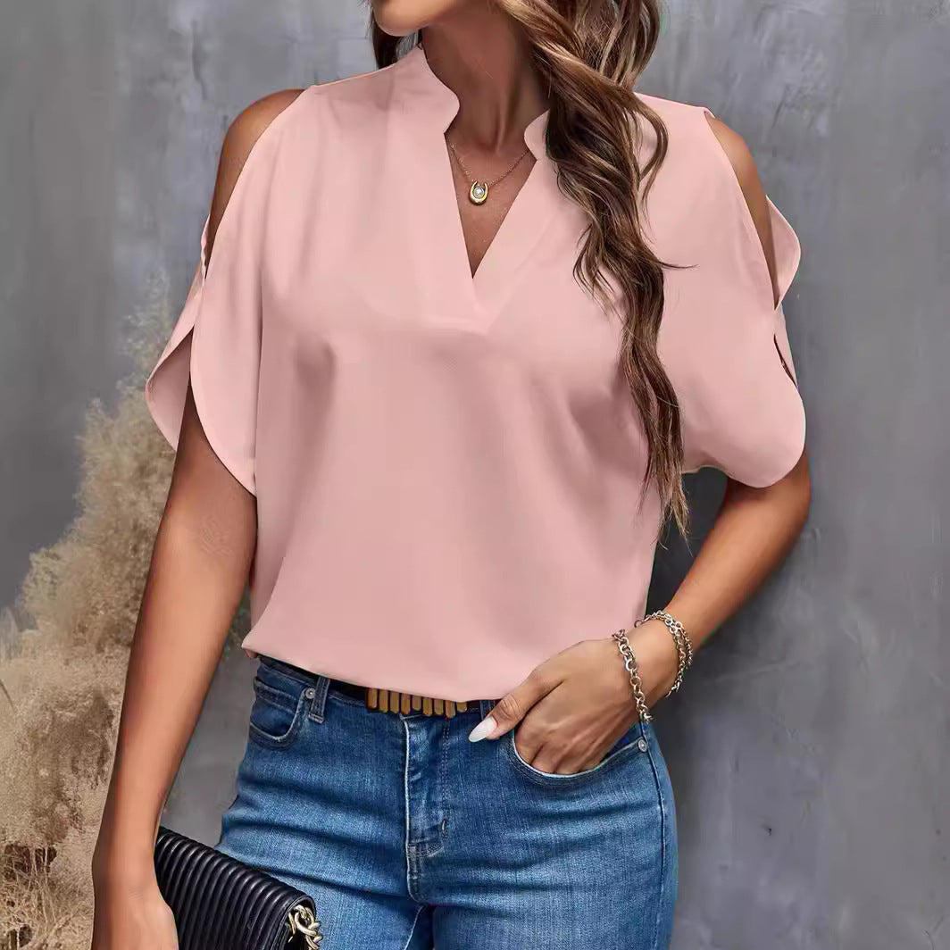 Dame elegant bluse med påsyede ærmer og dyb V-hals Stilla