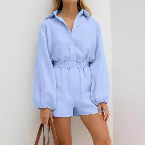 Dame Elegant Kort jumpsuit med ballonærmer og skjortekrave Stilla