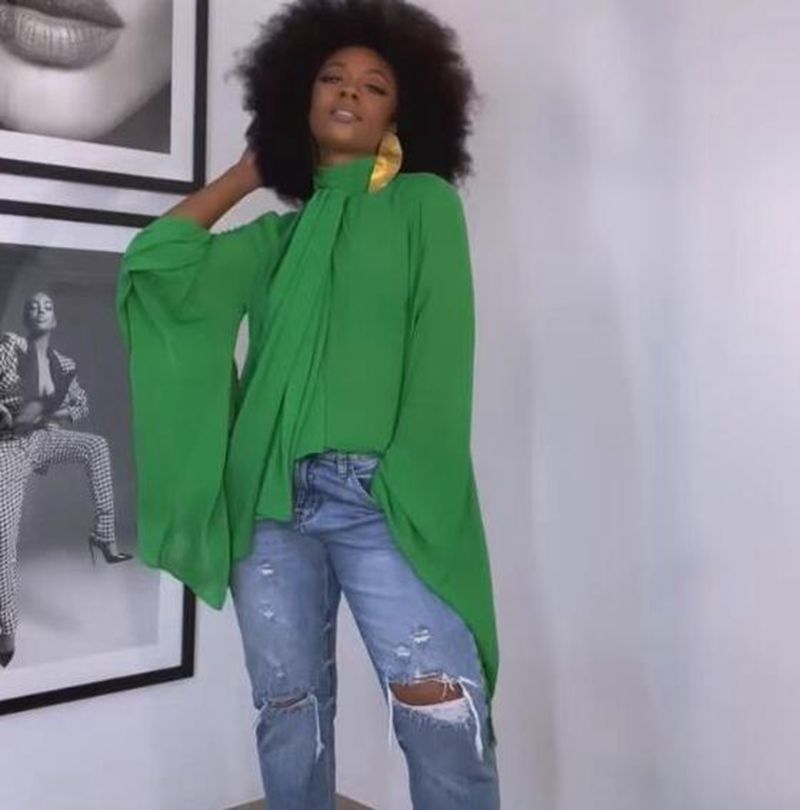 Dame Elegant Bluse med brede ærmer og bindebeslag Stilla