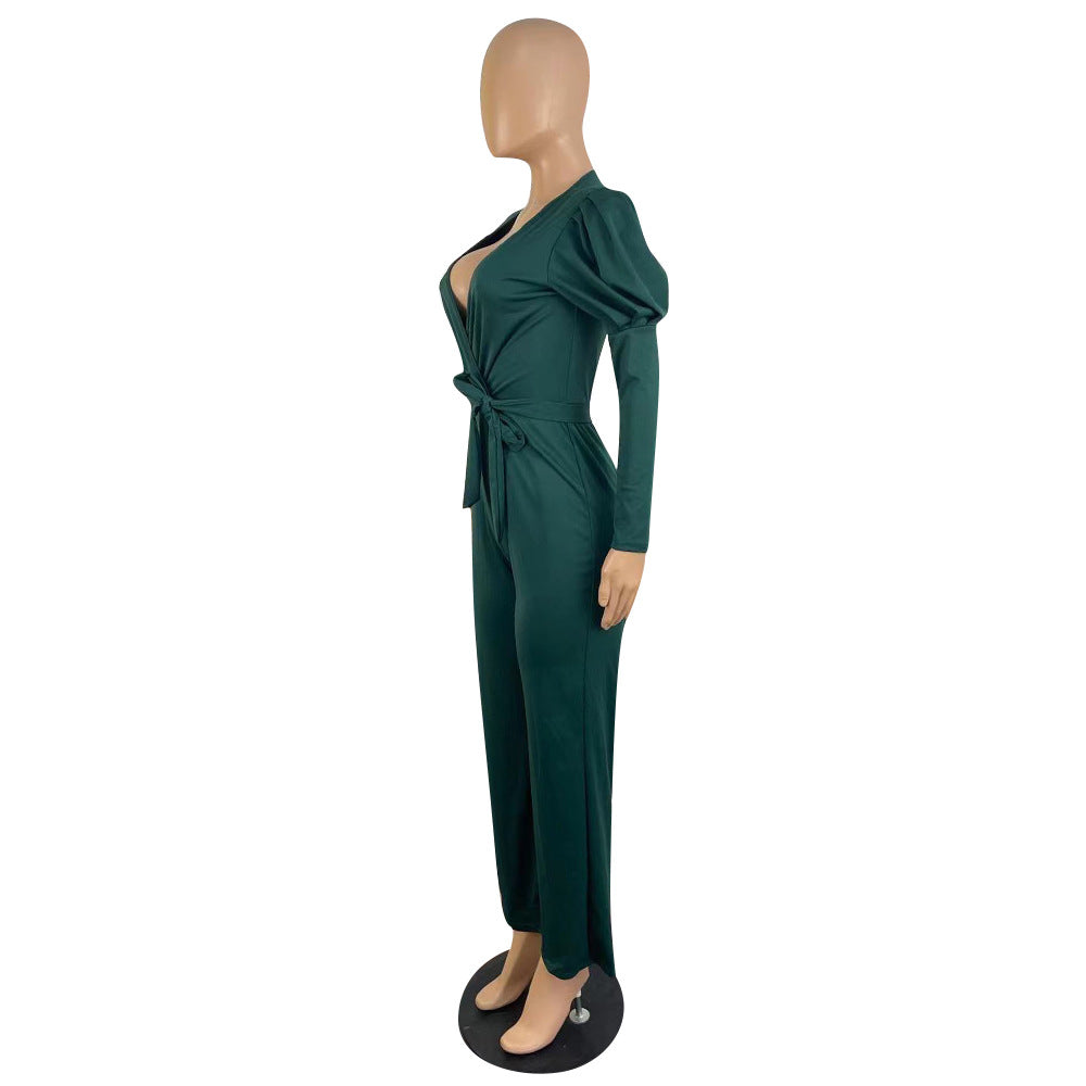 Stilla | Elegant Langærmet V-hals Bælte Jumpsuit
