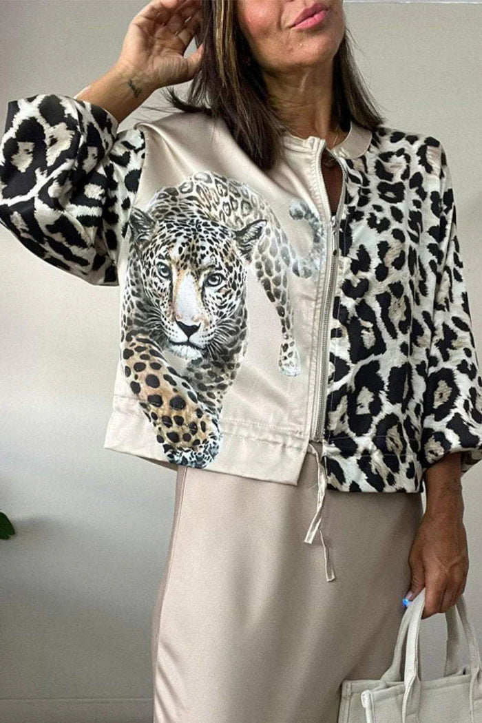 Dame afslappet bomberjakke med ekstravagant leopardmotiv Stilla