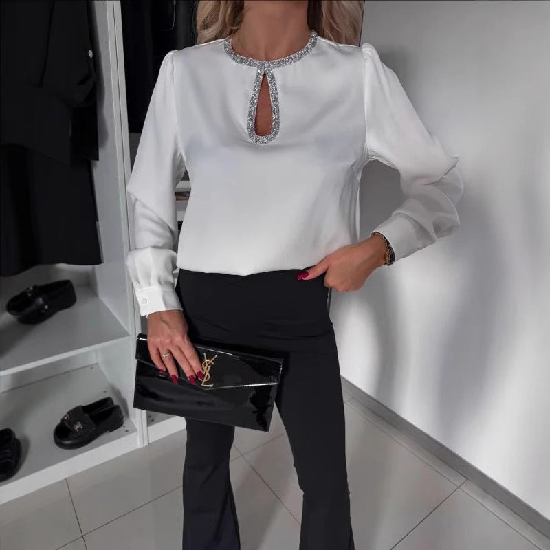 Dame elegant Bluse med glimmerdetaljer og slids Stilla