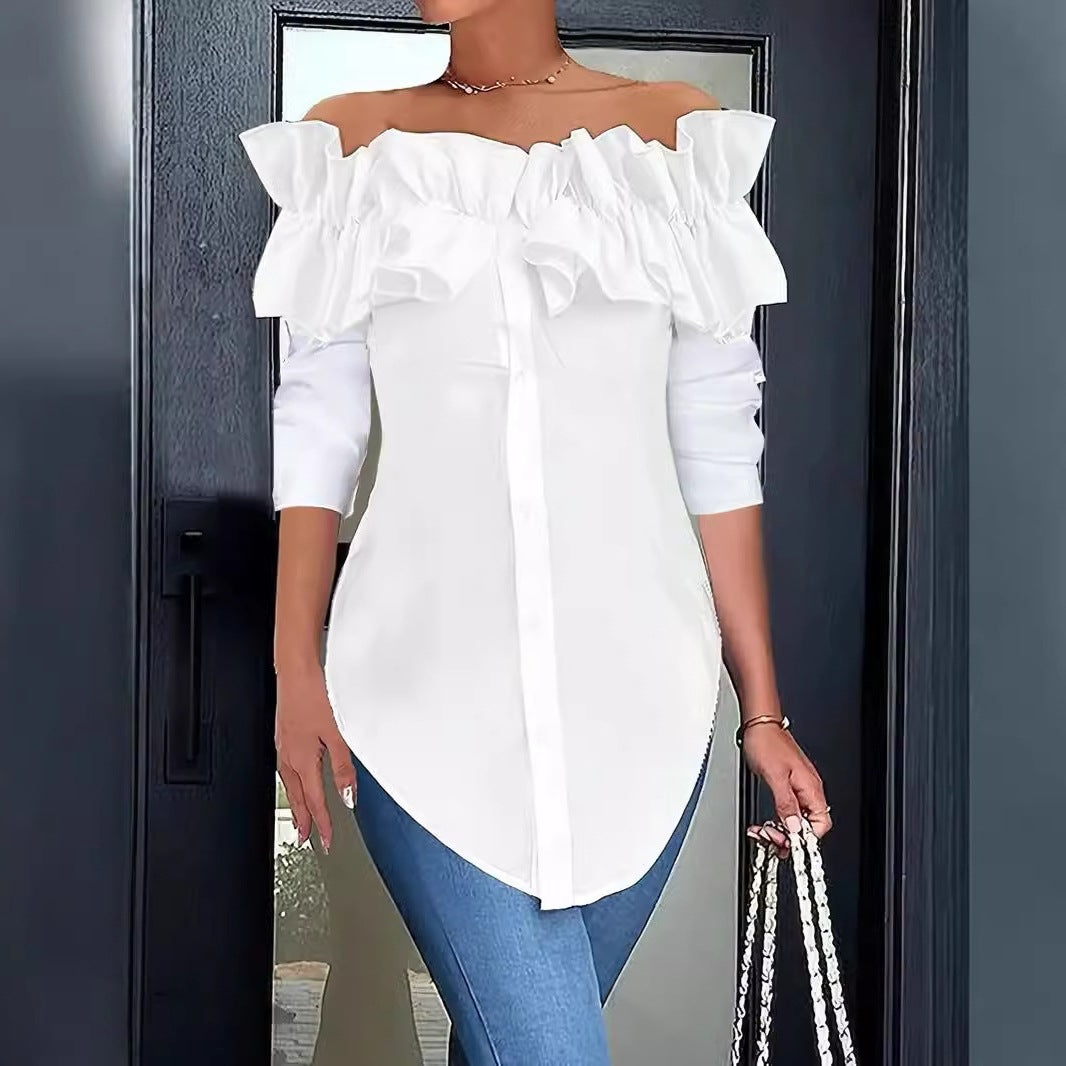 Dame Elegant Bluse med Ruffle detaljer og hjerteformet U-udskæring Stilla