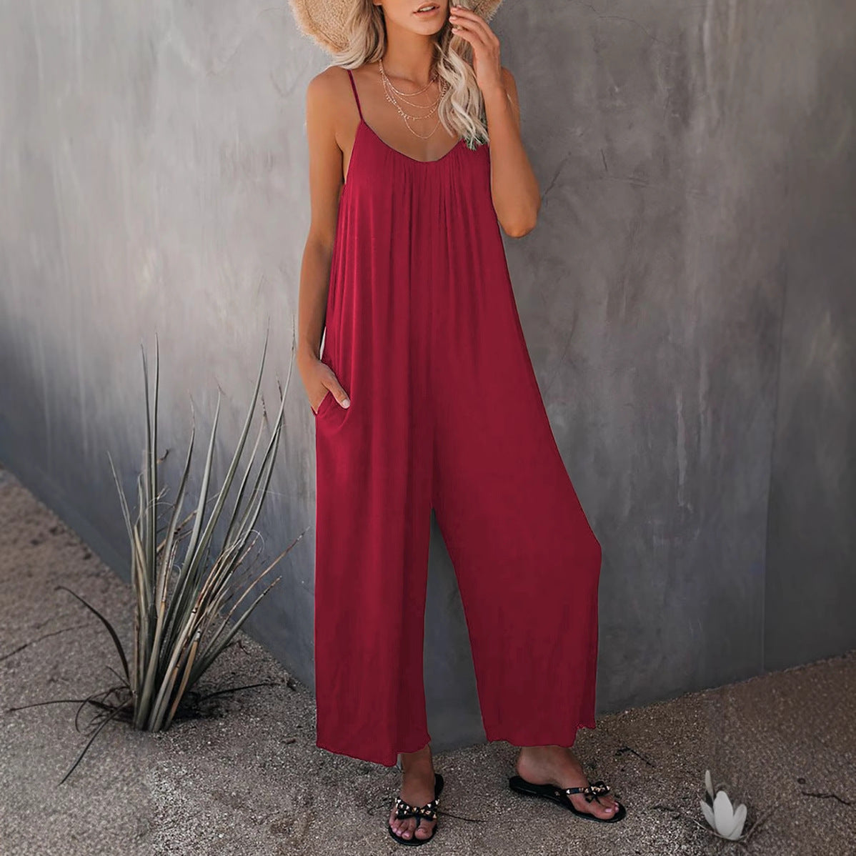 Dame Casual Bomulds-Jumpsuit med Spaghetti-stropper og sidelommer Stilla