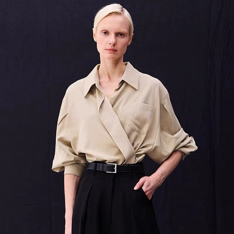 Dame elegant indpakningsbluse med stor krave og brede ærmer Stilla