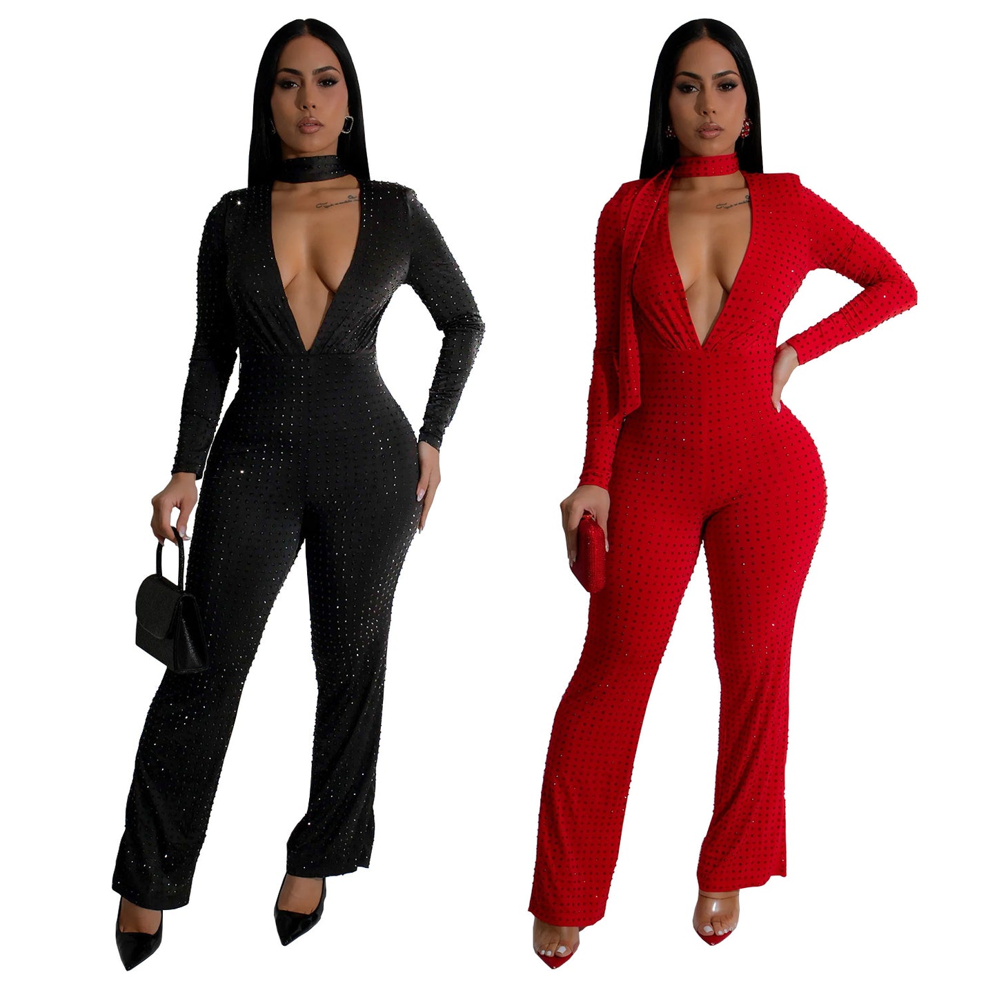 Dame glamorøs jumpsuit med dyb v-udskæring og lange ærmer Stilla