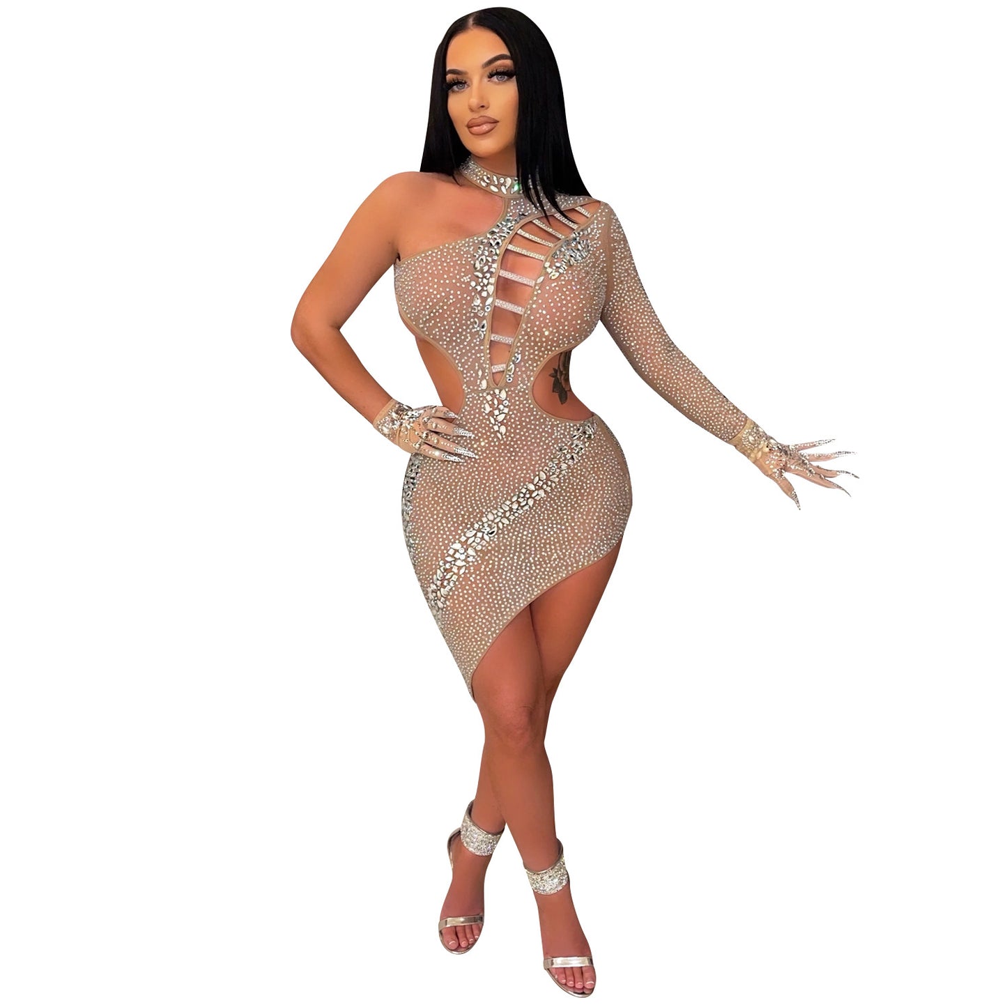 Dame Cut-Out Minikjole med asymmetrisk design og glitrende pailletter Stilla